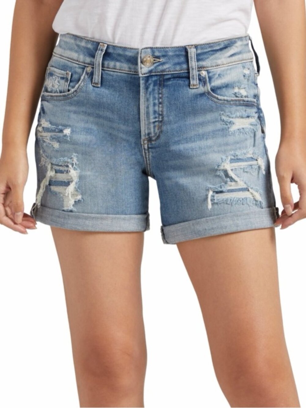 Silver Jeans Women's Mid Rise Ripped Denim Boyfriend Jean Shorts stretch size 26